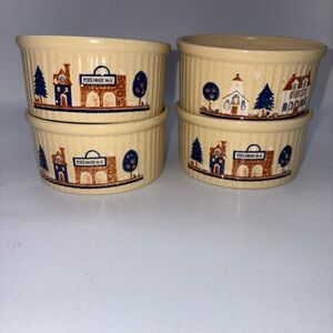 4 Vtg.  80s Individual Ramekins Souffle Casserole Bowls Tan Country Village